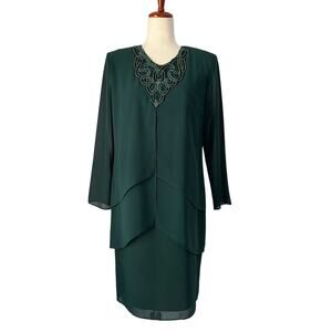 Vintage Tiered Chiffon Long Sleeve Dress Womens 6 Forest Green Beading Sequins